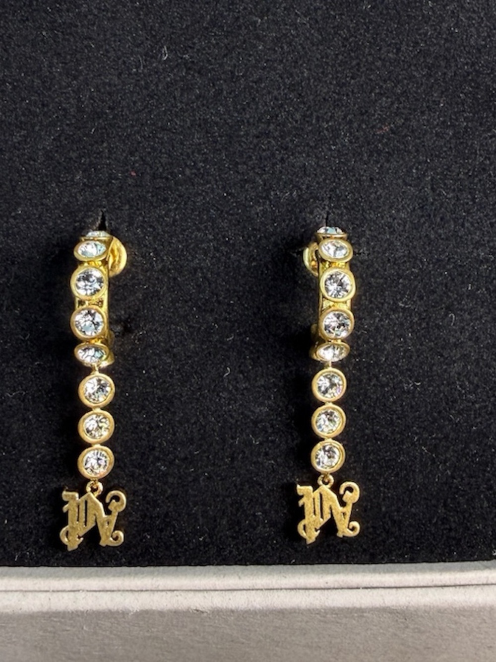 Palm Angels Monogram Pendant Gold Crystal Hoop Drop Earrings with Monogram Charm